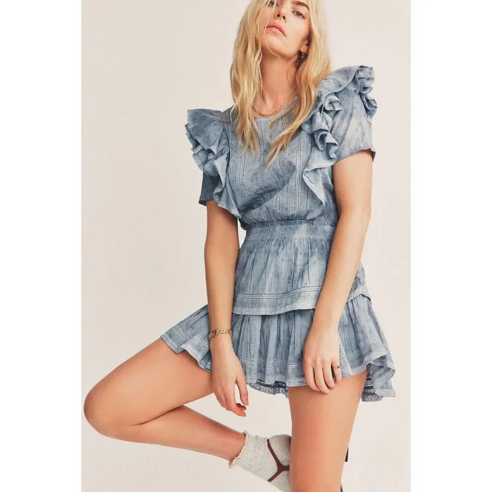 LoveShackFancy Natasha Mini Dress Washed Denim Blue Ruffle Sz Large - Picture 14 of 15
